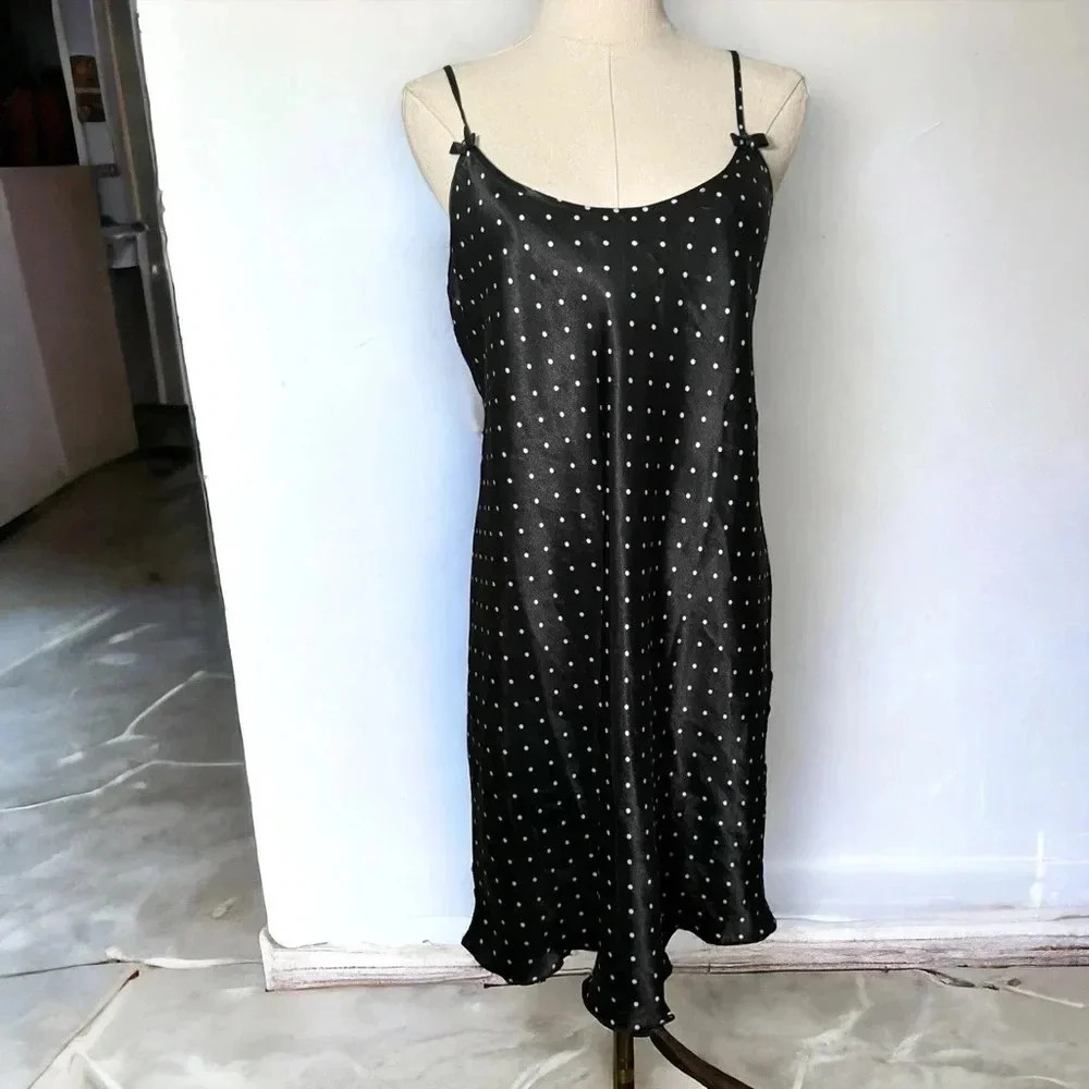 Y2K coquette black polka dot satin slip dress  M pin up